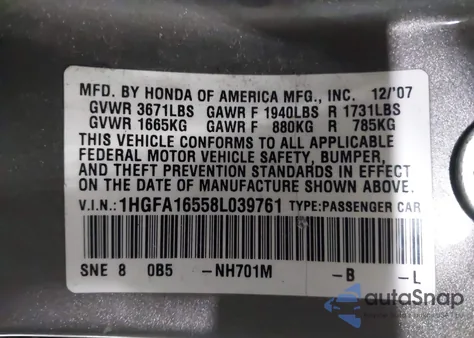 2008 Honda Civic Lx from USA, damaged, VIN 1HGFA16558L039761